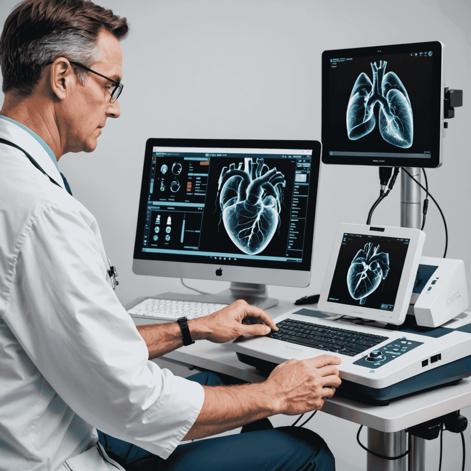 Imagine reprezentând un medic efectuând un screening cardiac cu echipament modern de ultrasunete